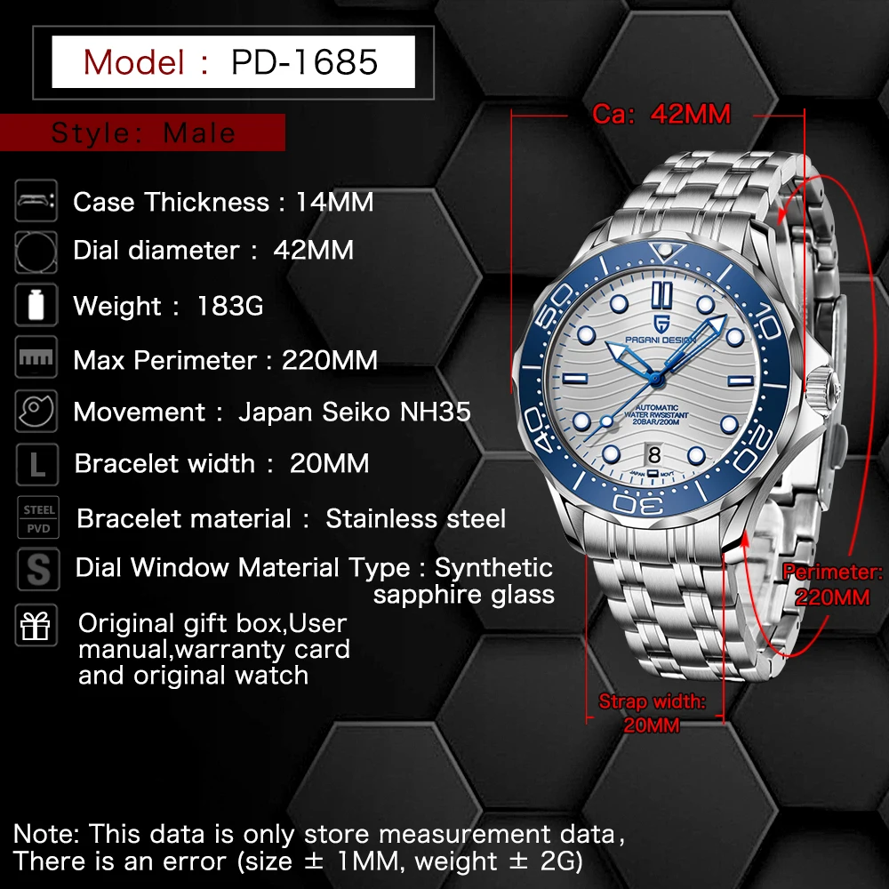 PAGANI DESIGN Orologi Orologio meccanico automatico semplice blu e bianco da uomo AR Vetro zaffiro NH35 Movimento in acciaio inossidabile