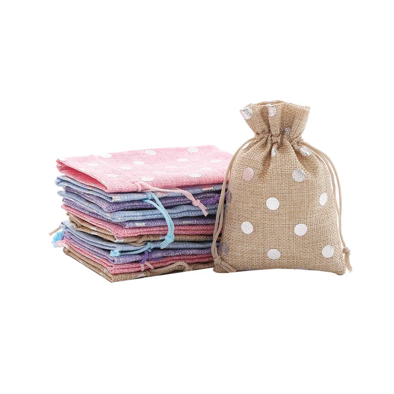 50pcs/Lot 10*14, 13*18cm Silver Dots Pattern Cotton Linen Fabric Bag Drawstring Christmas Gift Pack Bags Wedding Party Pouches