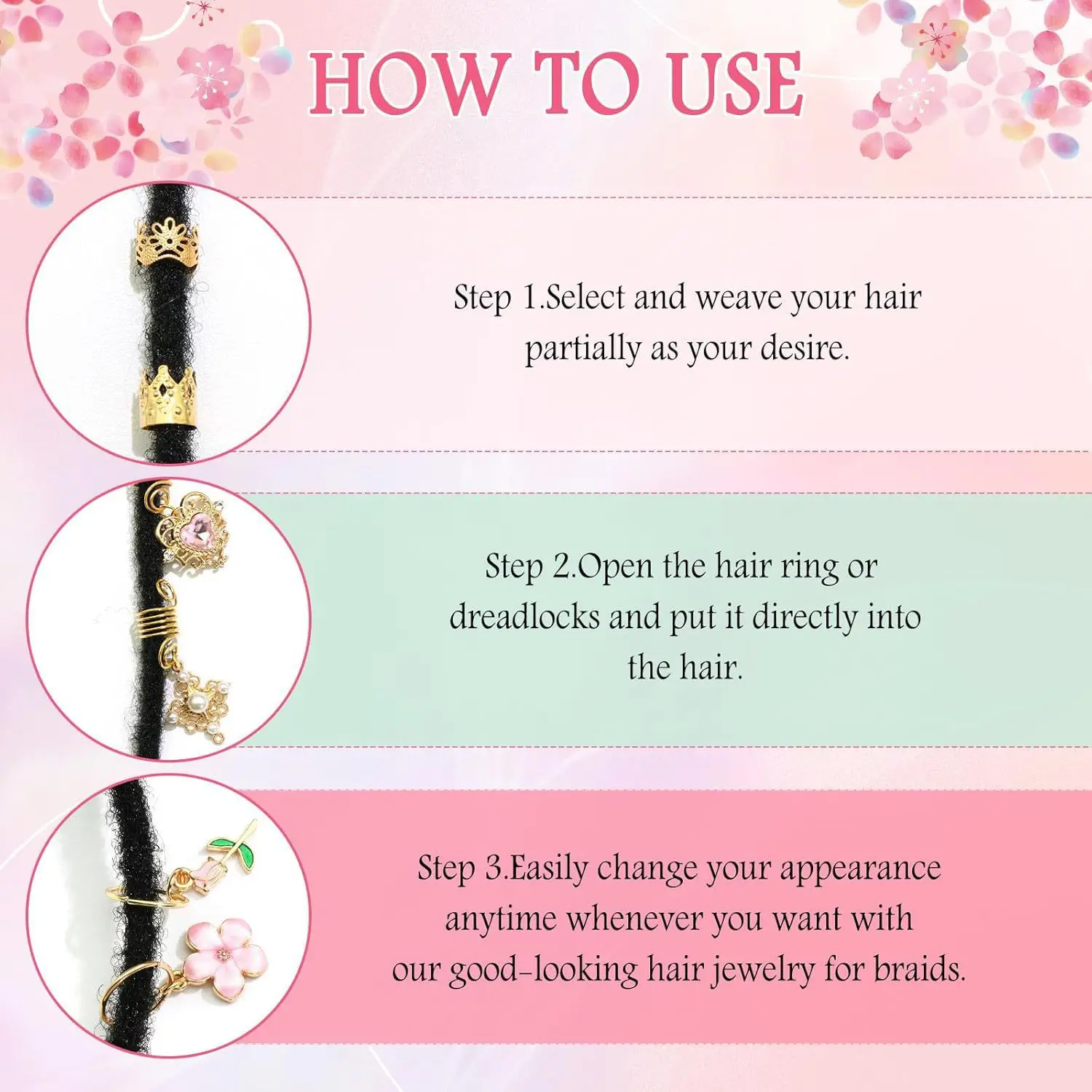 36개 꽃 하트 나비 글리터 라인스톤 드레드락 젬 꽃 헤어 익스텐션 링 세트