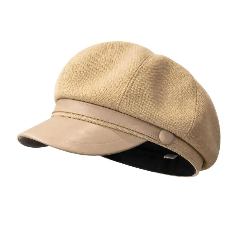 A52E Adult Newsboys Hat with Eight-Panel, Short Front Brims, Smooth Band, and Button Decors, Cabbie Cap for Winter Outdoor