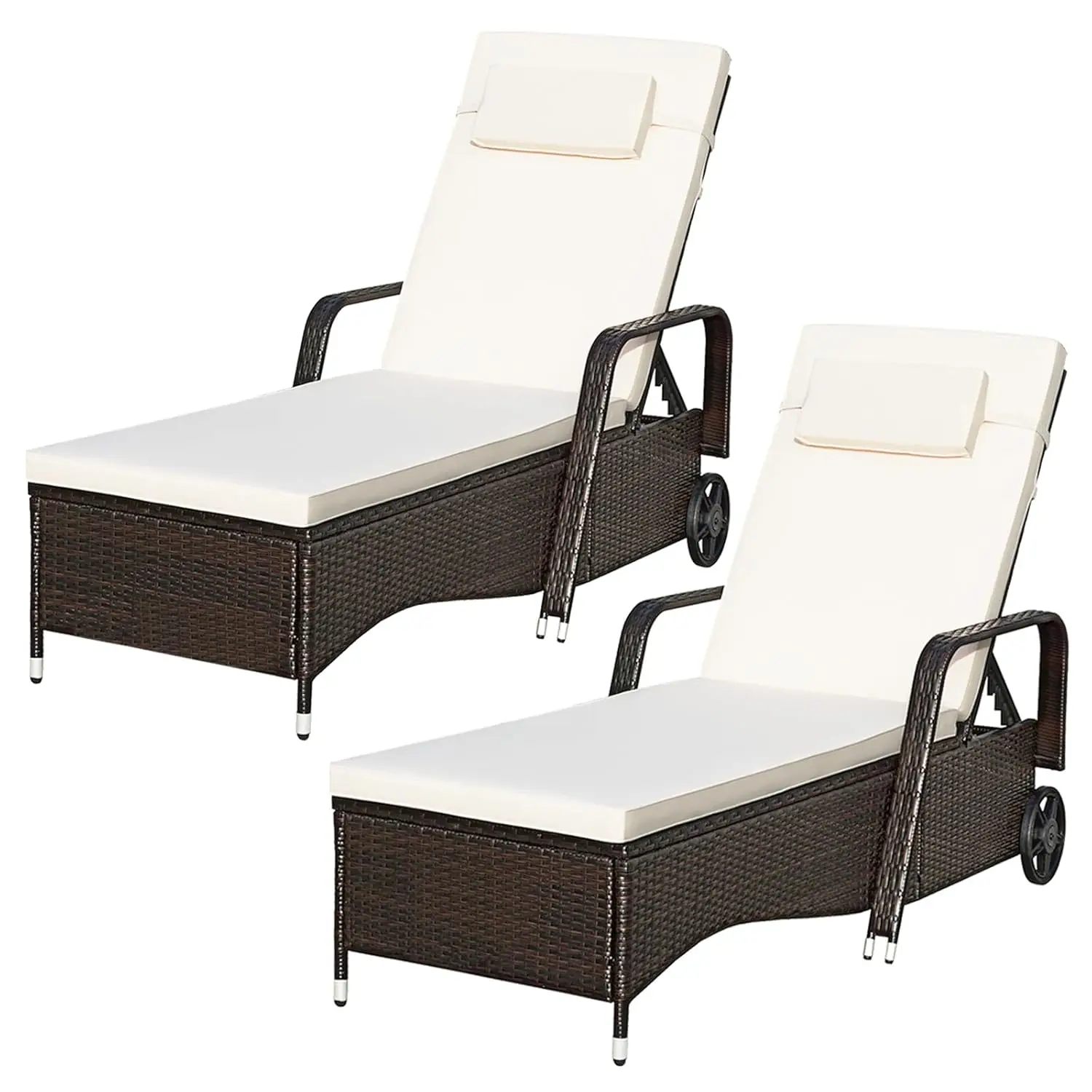 Set Of 2 Patio Wicker Lounge Chairs With Wheels, 79” Long P…