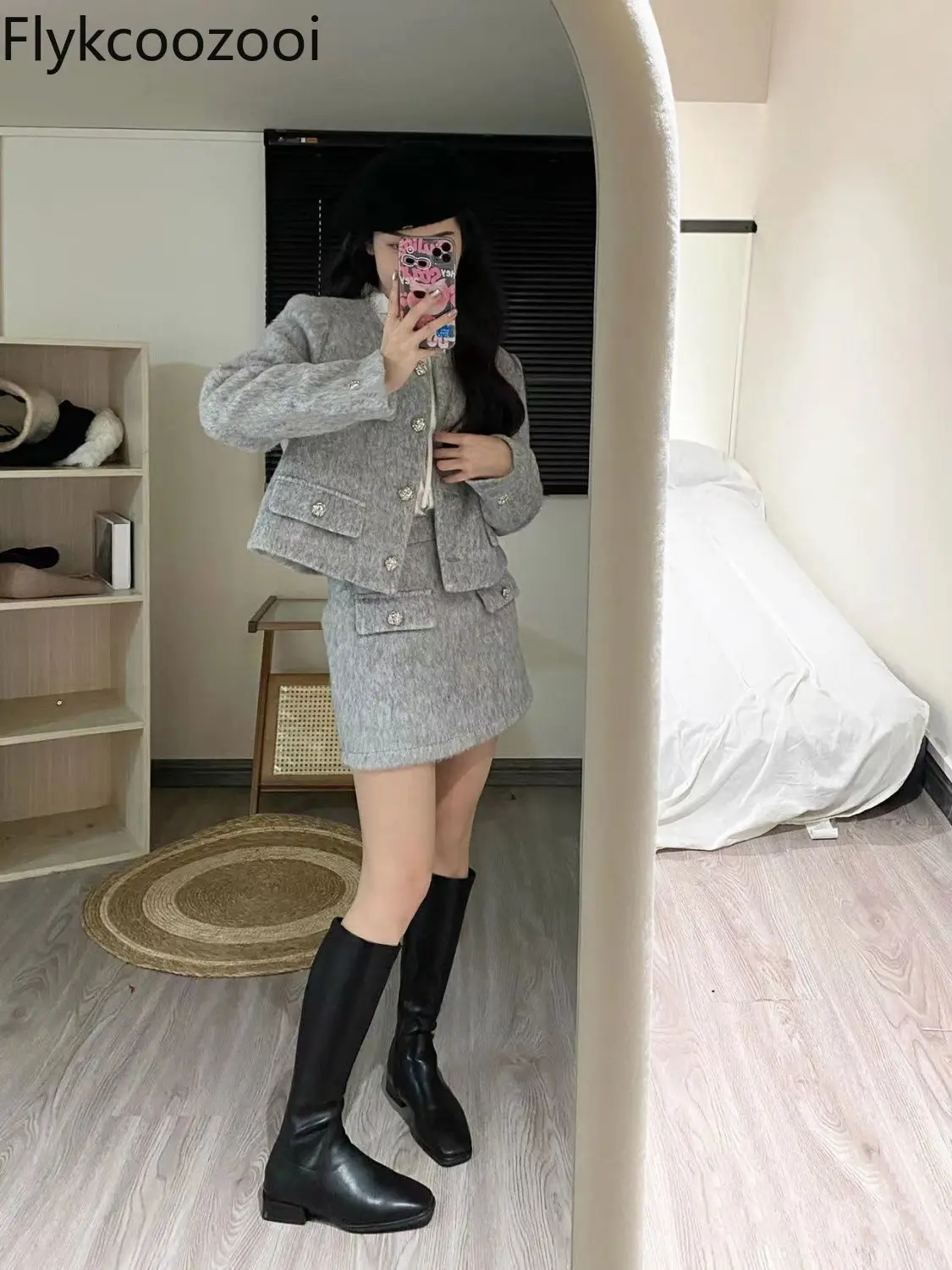 Grey Woolen Elegant Short Skirt 2024 Autumn and Winter New Fashion All-matching Temperament Coat Commit Two-piece Set