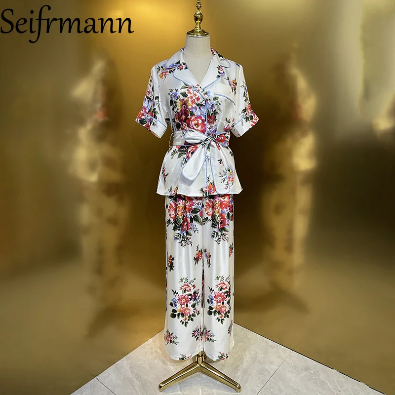 Seifrmann Casual printed silk two-piece lapel short-sleeved shirt high-waisted wide-leg pants suit 2026 summer women's new style