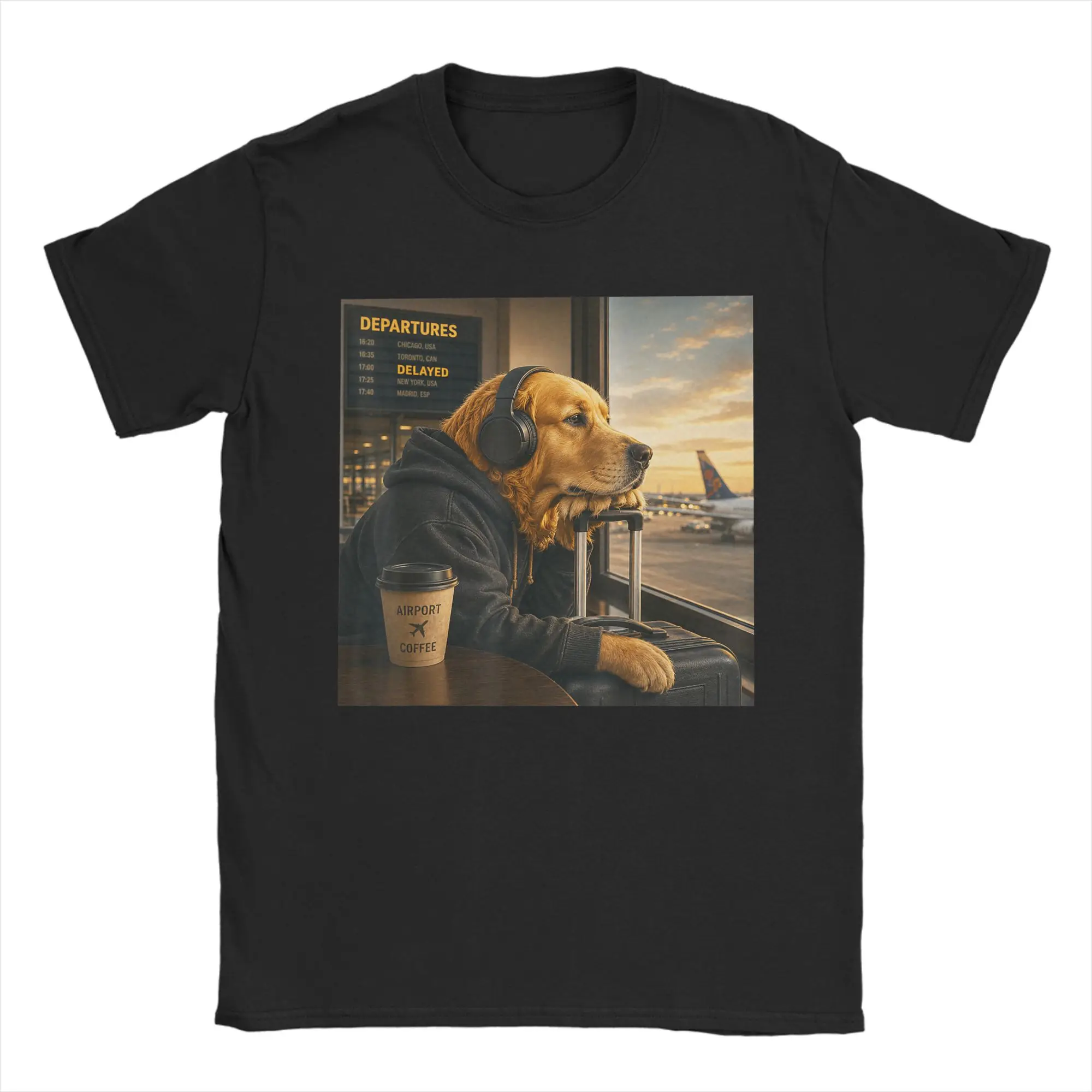 Golden Retriever Airport Travel Coffee Funny Dog Meme Men T Shirts  Tee Shirt Short Sleeve O Neck T-Shirt Cotton Party Clothing