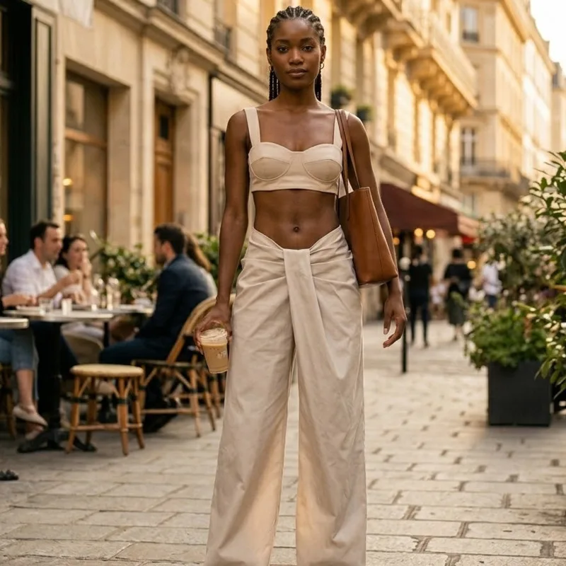 Pantalones Tejidos de Pierna Ancha con Nudo Retorcido de Talle Bajo, Caída Holgada, Color Liso, Cintura Irregular, Estilo Casual Chic para Mujer, Trabajo, Fin de Semana, Oficina