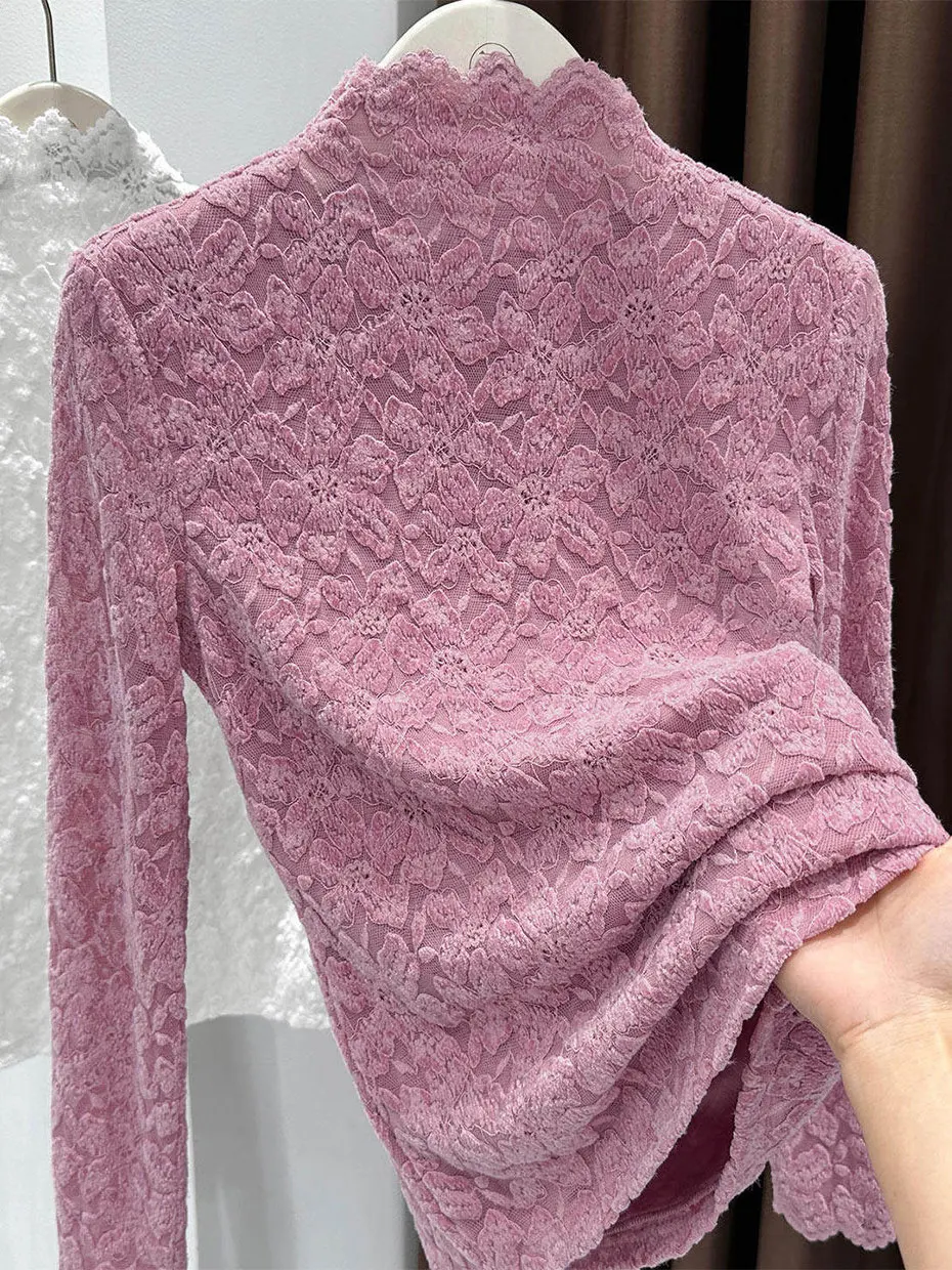 

Женская базовая кофта Slim Fit с кружевной отделкой и флисовой подкладкой, с воротником-стойкой, розовая, для осени и зимы, теплая, стильная, с цветочной вышивкой, Inne