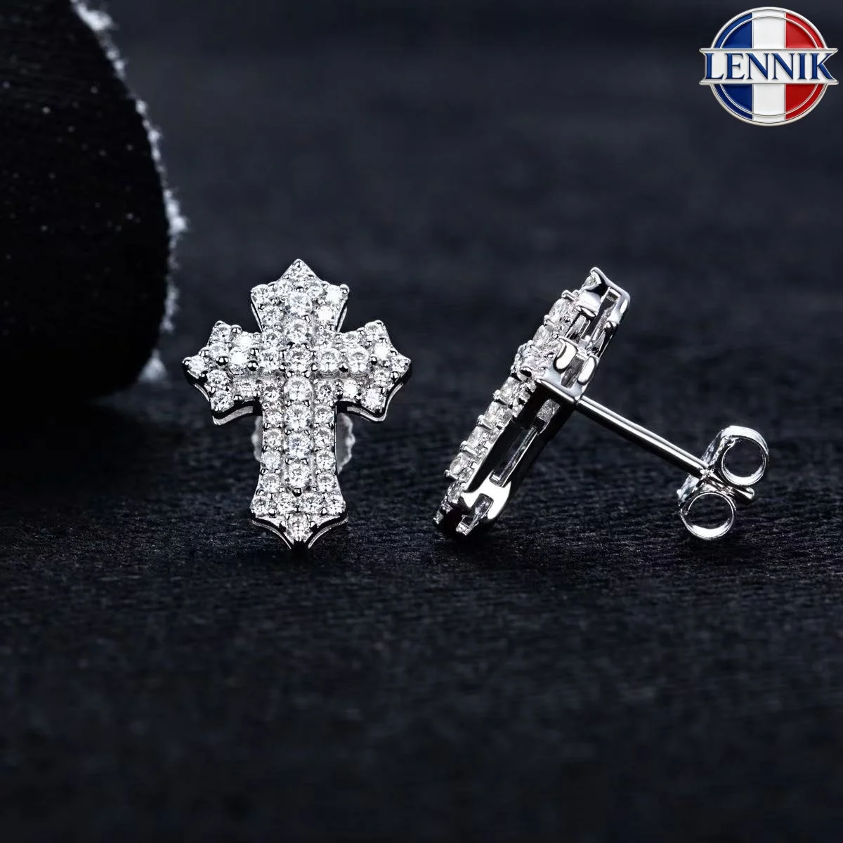 

LENNIK 0.78cttw Iced Out Moissanite Cross Stud Earrings 925 Sterling Silver Pimped Out Earring New Age Hip Hop Jewelry for Men
