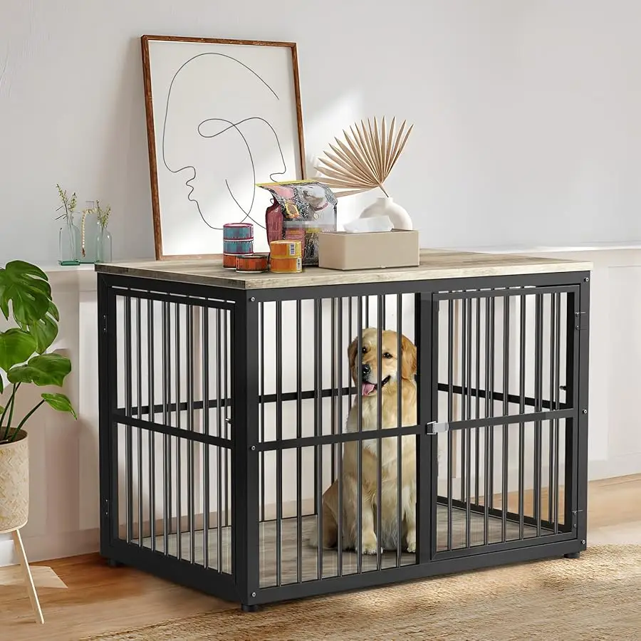 

43'' Dog Crate Furniture with 3 Doors, XL Wooden Crate End Table, Hea y Duty Indoor Puppy Cage Kennel for Medium to Large Dogs,