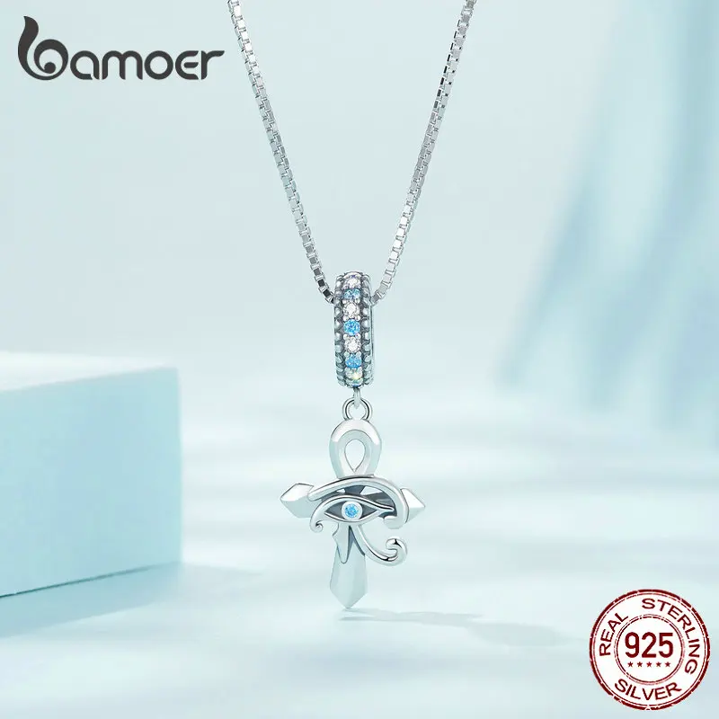 Bamoer 925 Sterling Silver Ancient Egypt Eye Of Horus Pendant Necklace Cross Charms Neck Chain for Women Birthday Fine Jewlery