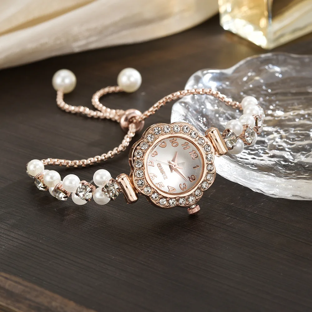 Free pull-out women's bracelet watch, fashionable color pearl studded diamond temperament quartz women's watch