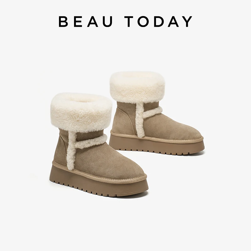 BEAUTODAY Snow Boots Women Genuine Cowhide Leather Lambswool Round Toe Platform Slip-on Warm Winter Ladies Shoes Handmade 08079
