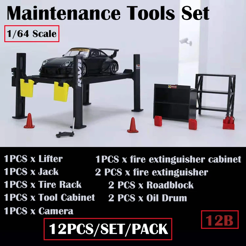 

Diorama 1:64 Garage Maintenance Tools Set Die-Cast Model Car Display 12PCS/SET - Black 12B