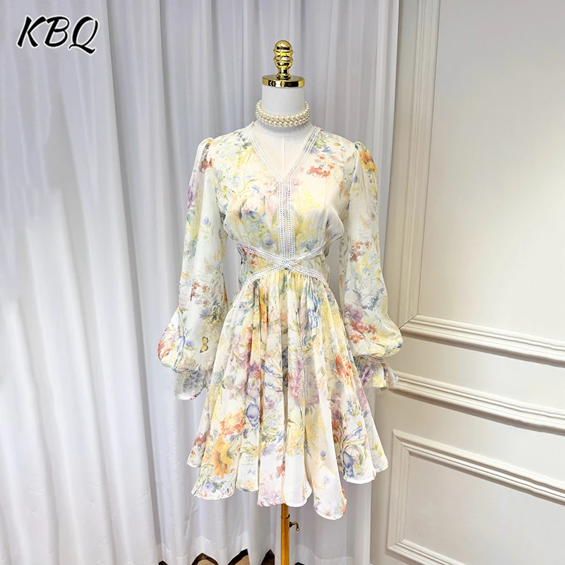 KBQ Colorblock Patchwork Folds Elegant Dresses For Women V Neck Long Sleeve High Waist Temperament Dress Female Fashon Style New