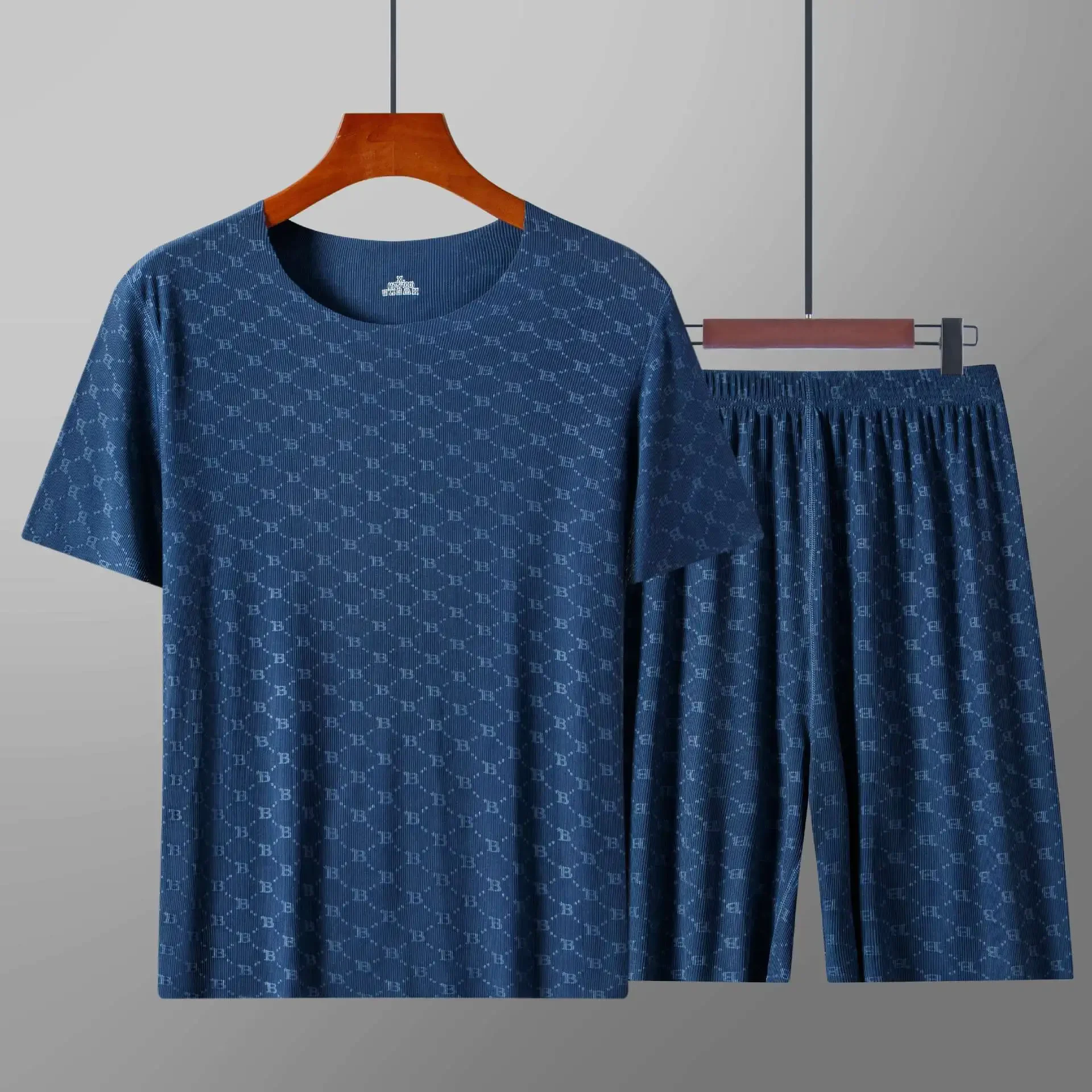 

Summer Men's Pajamas Homewear Set Printed Ice Silk T-Shirt Short-Sleeved Modal Casual Pajamas Men's Pajama Trousers Thin Suit