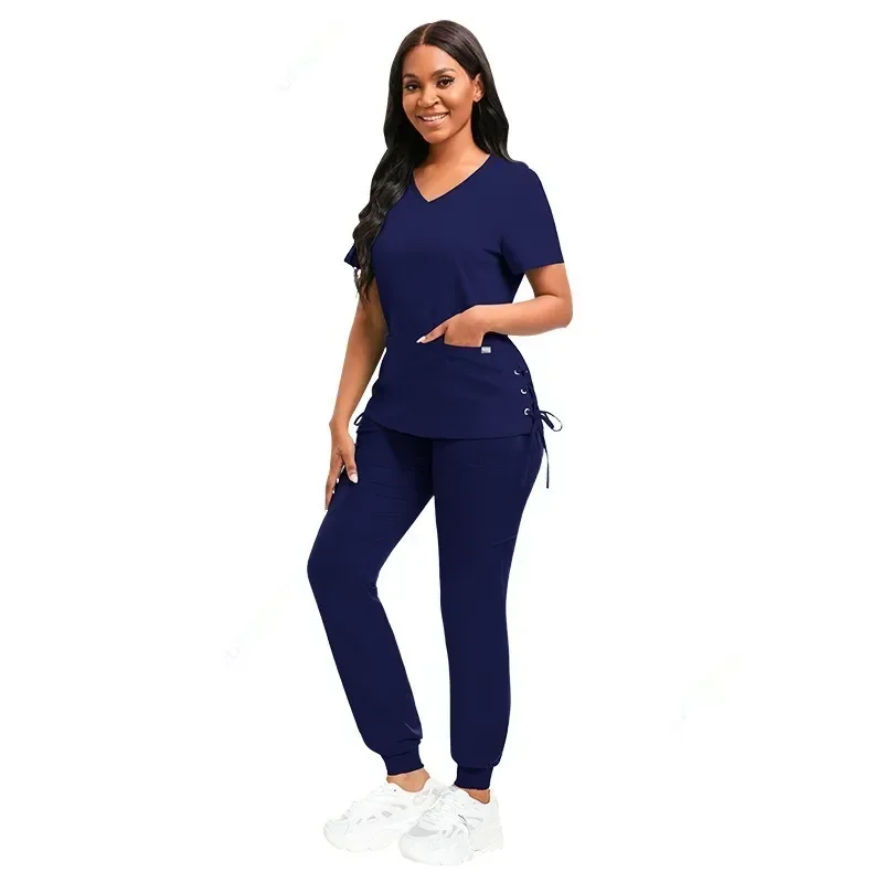 High Quality Surgical Pink Navy Blue Red Black Spa Salon Dental Aesthetic Scrubs Medical Beauty Nurse Women Work Uniform Set