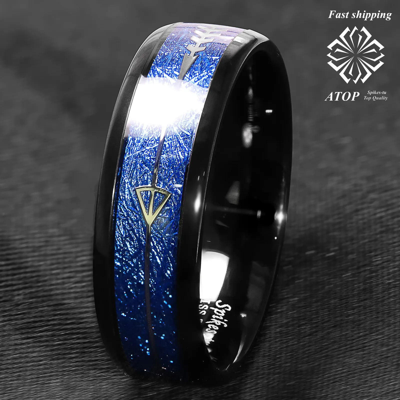 8mm Dome Black Multidimensional Blue Line Tungsten Ring Bridal Band ATOP Jewelry