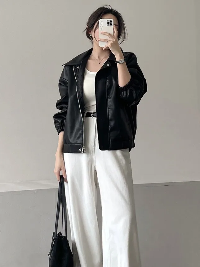 Retro High-End Feel PU Leather Jaet Women's Chic Loose Versatile Elegance Bla Leather Coat ort Sle for Teens