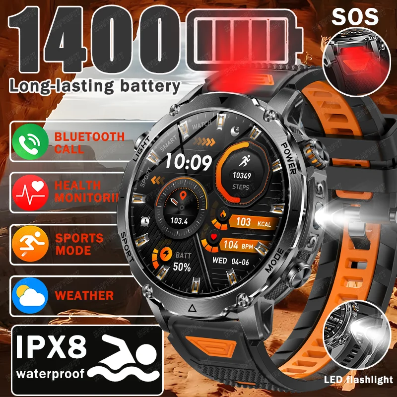 

sturdy and durable 1400mAh Battery Smart Watch Men Outdoor Flashlight IPX8 Waterproof Heart Rate Wireless Call Sports Bracelets