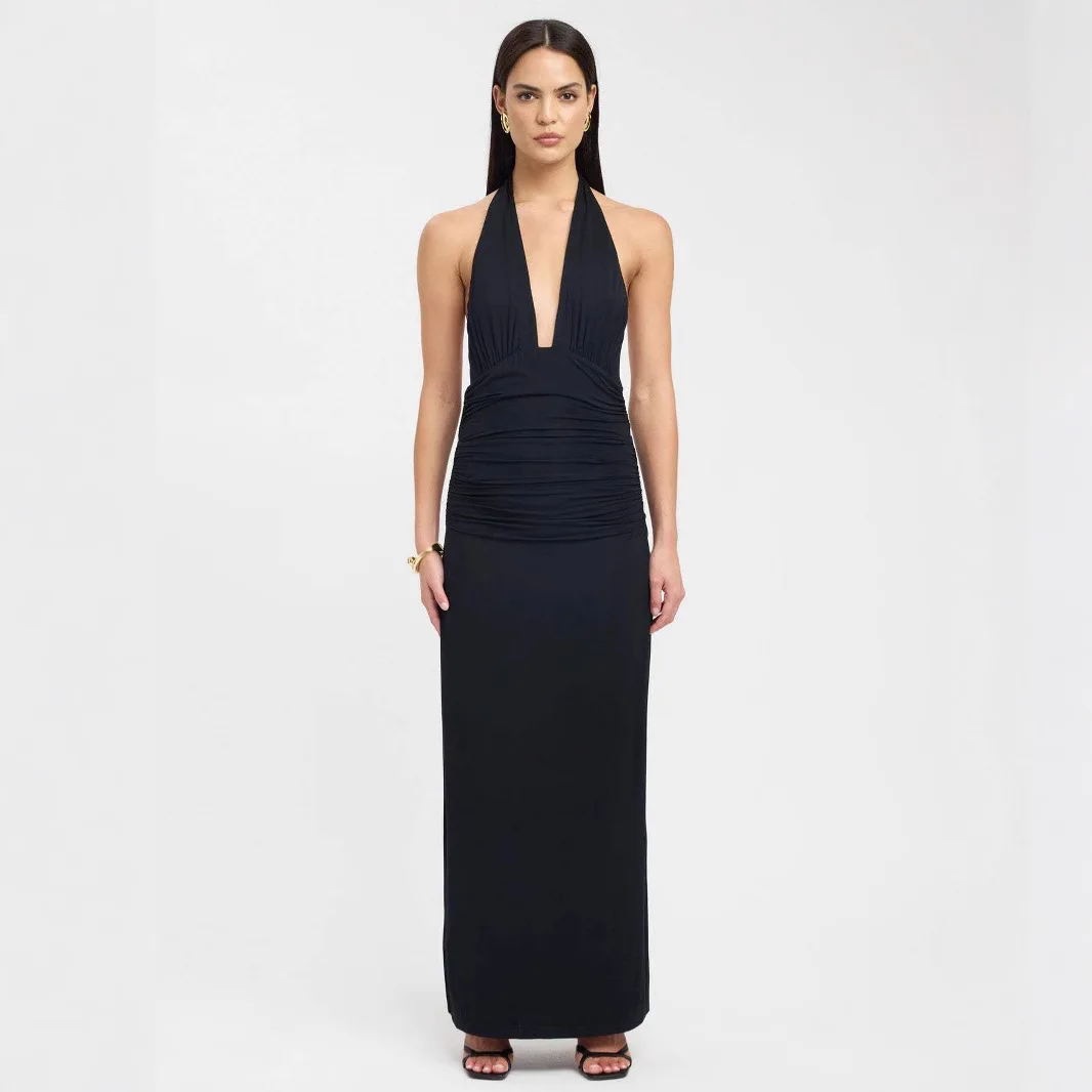 

2025 Summer New Sexy Hanging Neck Deep V-strap Bareback Slimming Split Solid Color Jumpsuit Long Dress Dress Robe Vestido Women