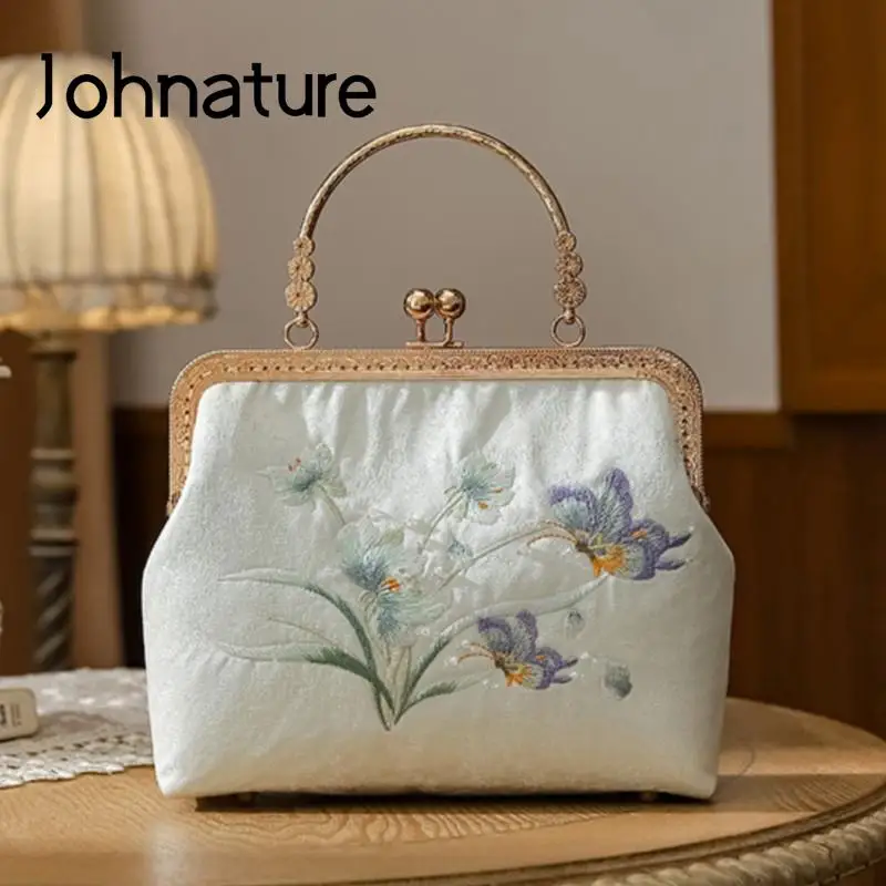 Johnature Silk Embroidered Metal Buckle Antique Bag 2024 New Lady Cheongsam Handbag Versatile Floral Women Shoulder Bags