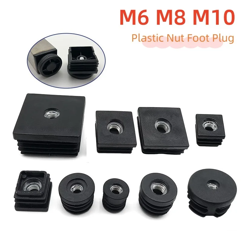 10pcs Black Square/Round Plastic Nut Foot Plug M6 M8 M10 With Nut Hole Inserts Caps Pipe Cover Furniture Leg Feet Tube Plug