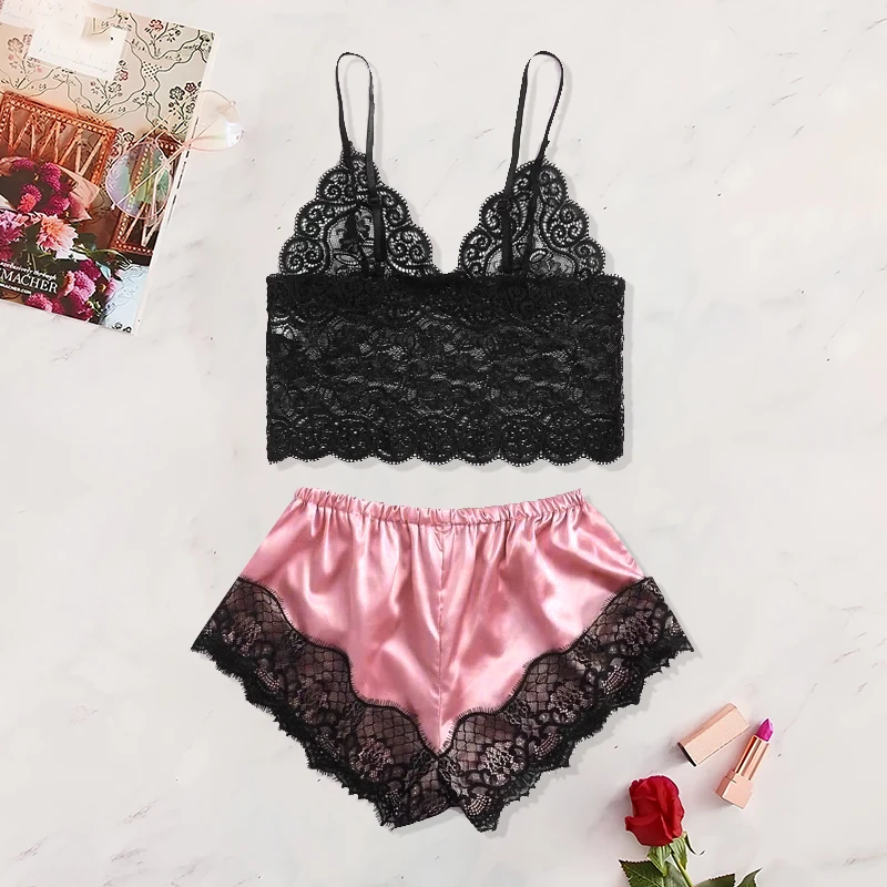 2024 Summer 2 Pcs Women\'s New Sexy Lace See-Through Pajamas Black Pink Cute Clothes Comfortable Breathable Suspender Shorts Set