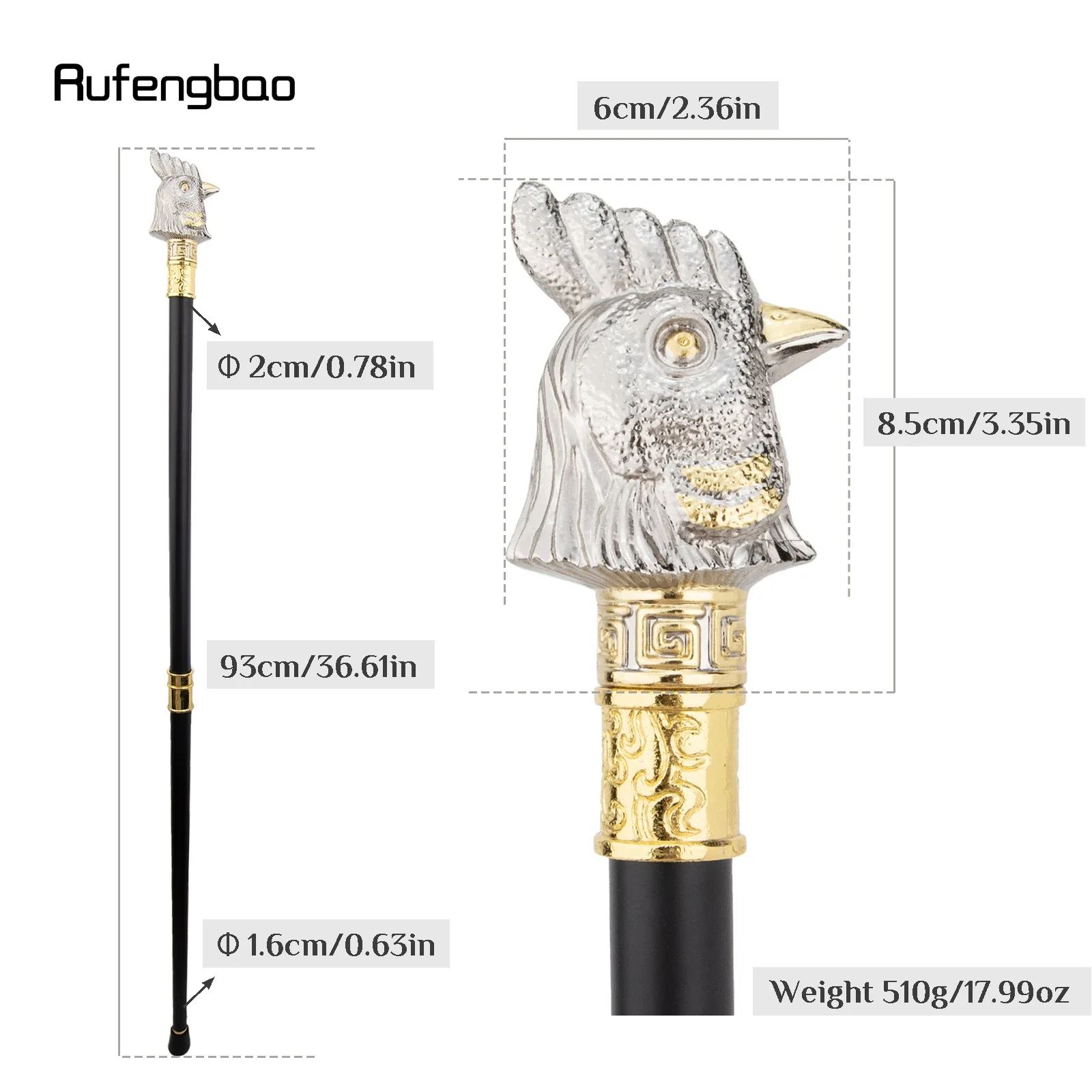 Golden White Chicken Rooster Animal Fashion Walking Stick Decorative Cospaly Vintage Party Fashionable Walking Cane Crosier 93cm