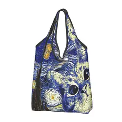 Funny Vincent Van Gogh Shopping Tote Bag Portable Style Cat Oil Painting Grocery Shoulder Shopper Bag