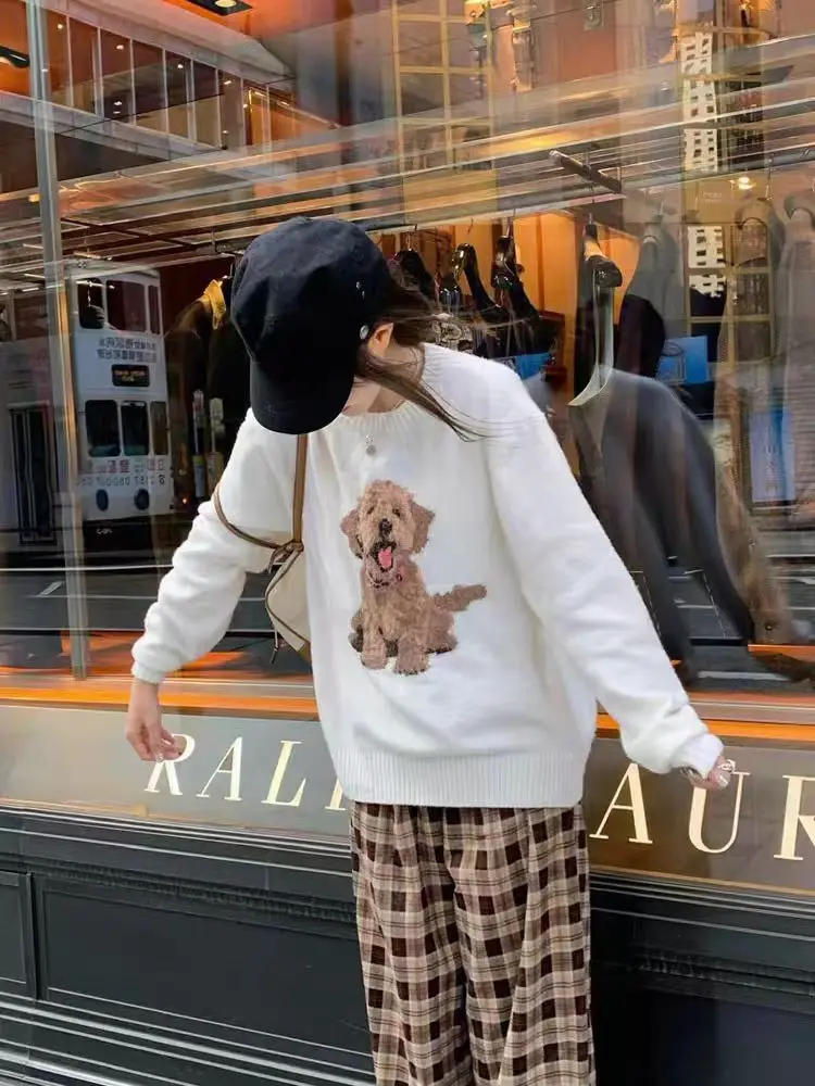 Y2k Kawaii Cute Knitted Pullovers Women Korean Sweet Harajuku Dog Cartoon Print O-nek Loose Sweater Autumn Tops Mujer Jumper New