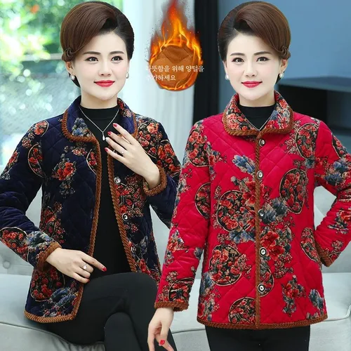 보온성 있는 면 재킷 통근 스타일 긴 소매 보온성 있는 플라워 프린트 여성용 중년용 면 재킷 면 코트 면 재킷 