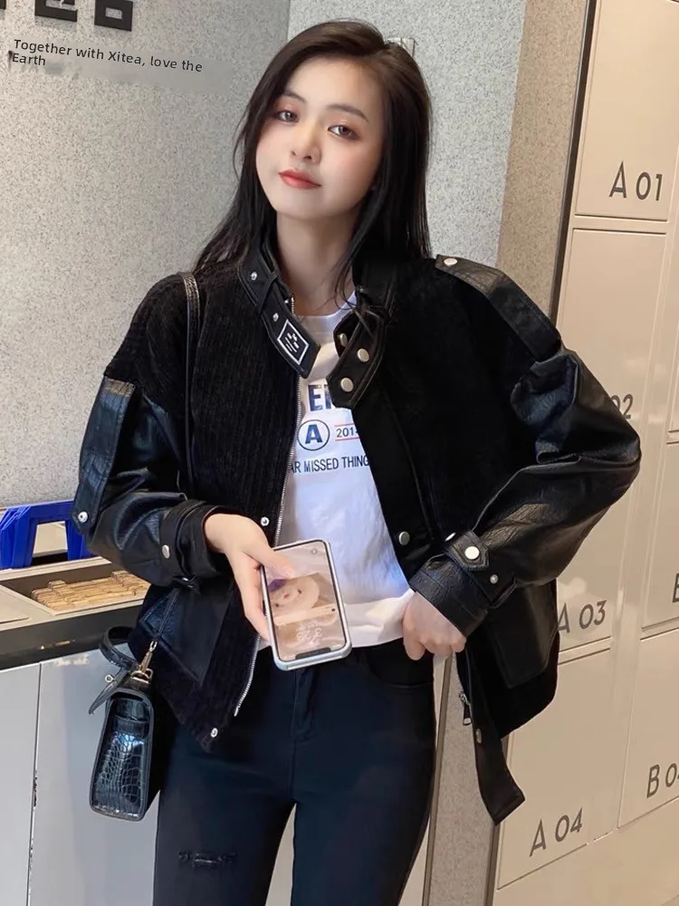 

Women's Fce Lined ort Biker Jaet PU Leather Thiened Autumn Winter Outerwear Casual Sle Long Sve Zipper Closure