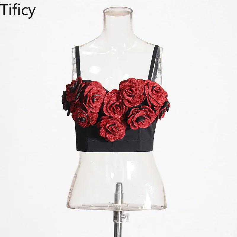 TIFICY High Quality Women's Sexy 3D Rose Blossom Small Strap New Fashion Open Navel Short Bra Camis Vest Crop Tops