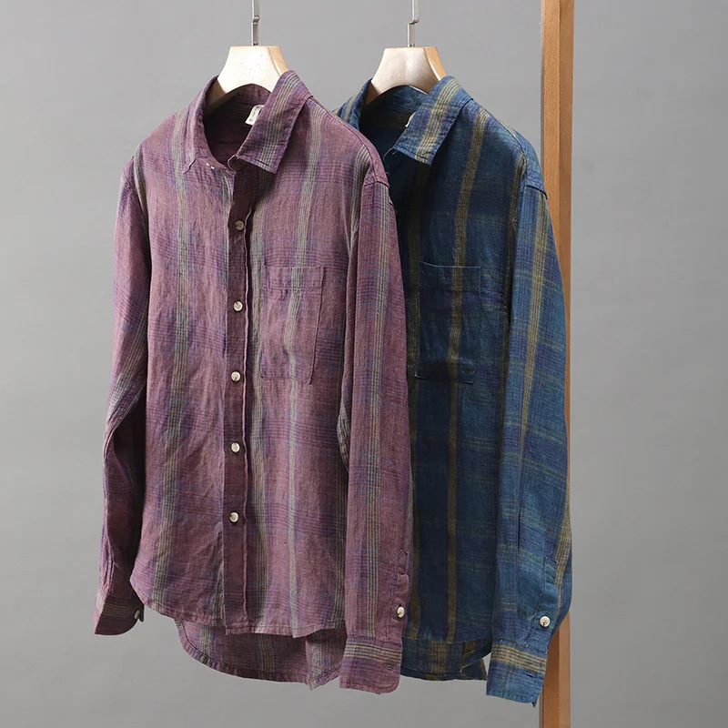 

Japanese Fashion Men Premium Linen Shirts Long Sleeve Classical Plaid Shirt Vintage Blouses High Quality Casual Loose Daily Tops