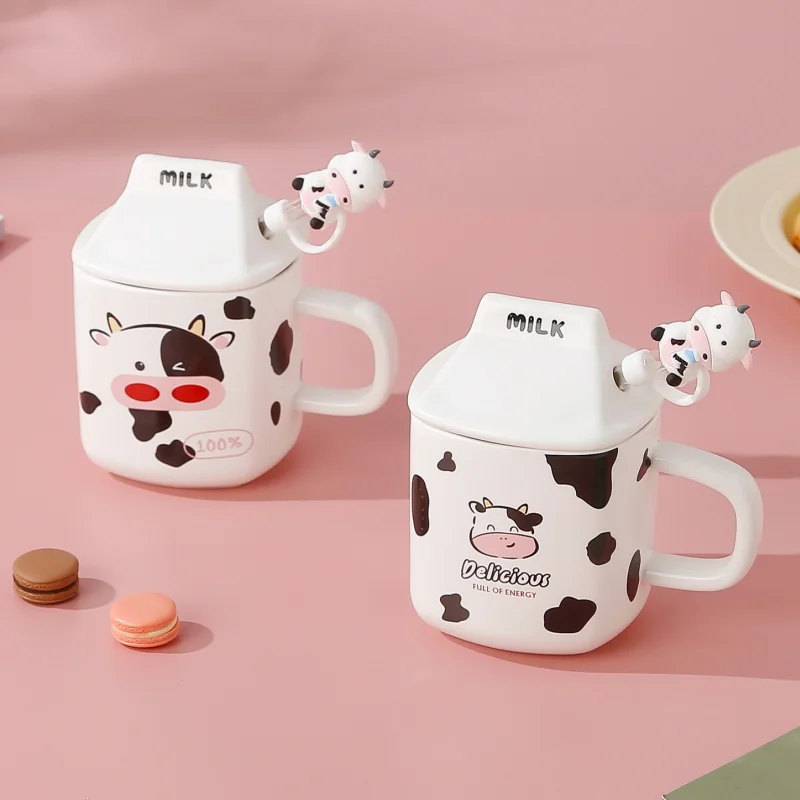 New Arrival Cute Cow Ceramic Coffee Mug With Lid And Straw Creative Milk Coffee Cup Wonderful Gift For Girls Drinkware Wholesale