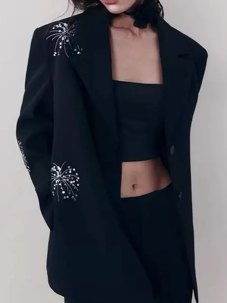 Veste de costume fluide pour femme avec broderie lourde et sequins, aspect premium, pour le quotidien, coupe ample, manches longues