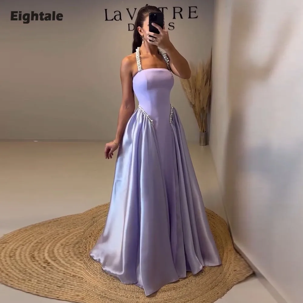 

Eightale Arabic Evening Dress Halter Customized Arabic Prom Satin Purple Beaded Pearls Wedding Party Gown Vestidos De Gala