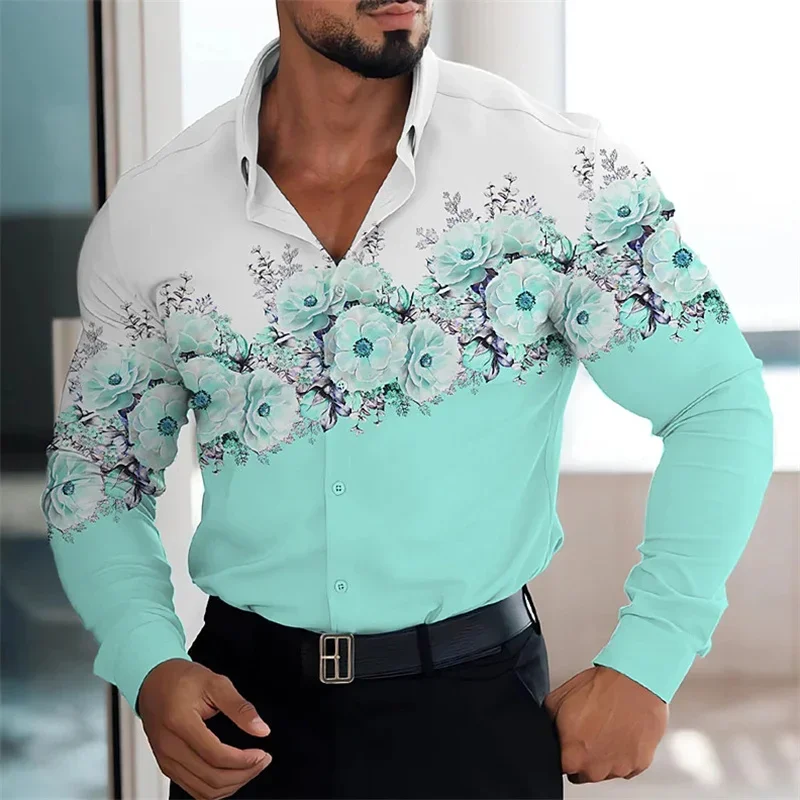 

2023 New Men's Lapel Button-Down Shirt 3D Printed Flower Graphic Long Sleeve Shirt Street Wear Men's Casual Cardigan Top