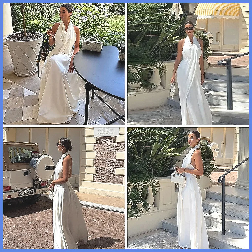 

Elegant White Satin V-Neck Maxi Dress with Backless & High Slit for Wedding Party 2025