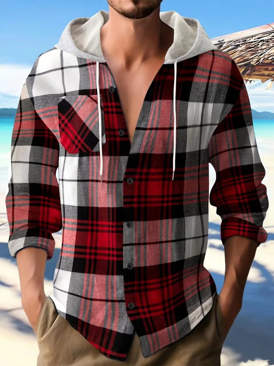 2024 Autumn/Winter hot Flannel plaid Hooded street Casual men's shirt daily outdoor outing top coat Trend fashion men's wear