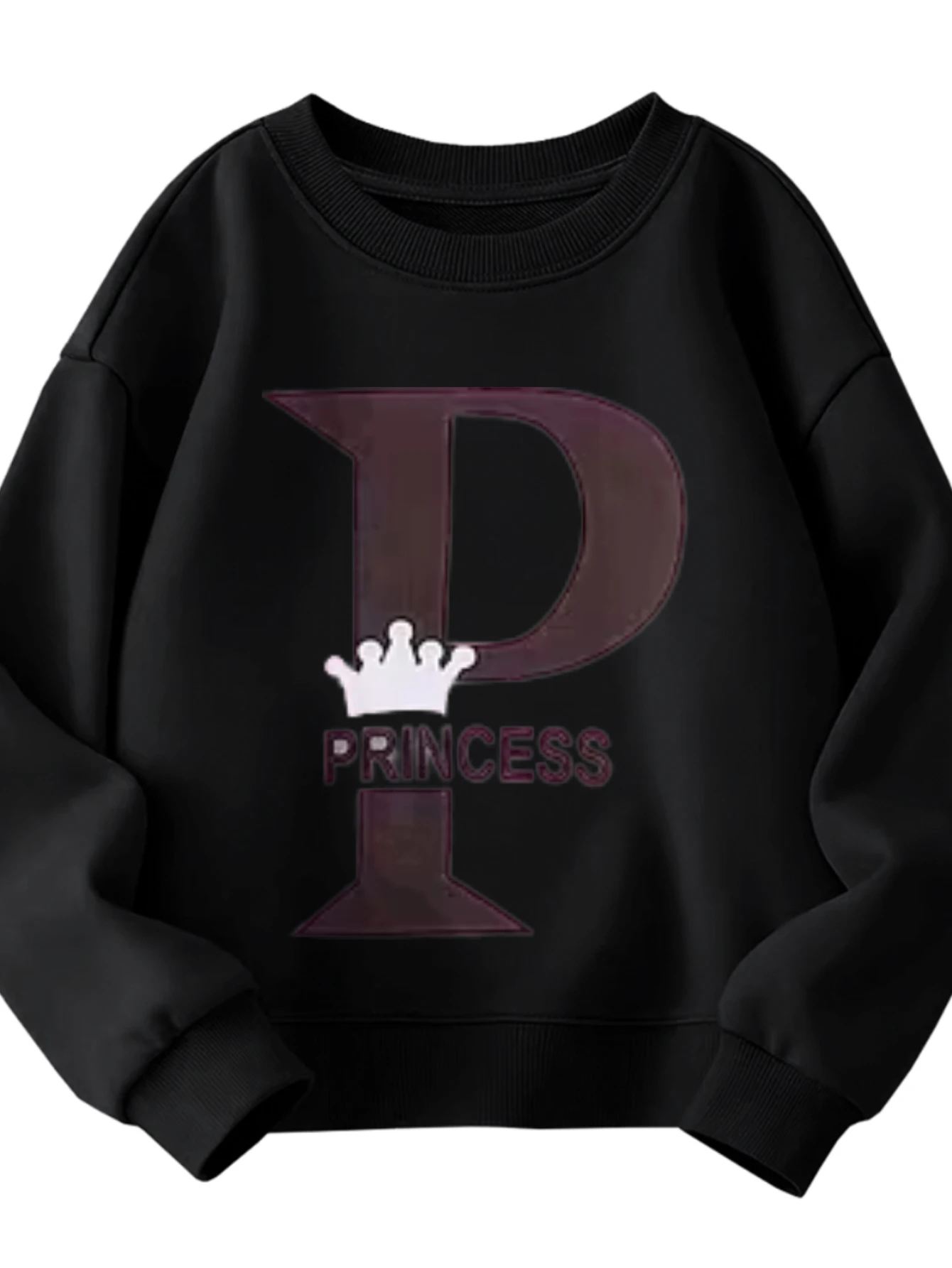 سويت شيرت للأطفال برقبة دائرية حرف كبير P Crown PRINCESS Text Graphic بلوفر أبيض للأميرات الصغيرة