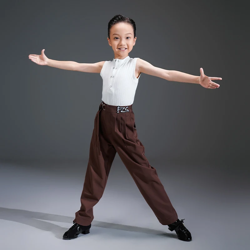 

Новинка 2024, топы для латинских танцев для мальчиков, жилет без рукавов, платье для чача, румбы, танго, детская современная одежда для латинских танцев, DQS21469