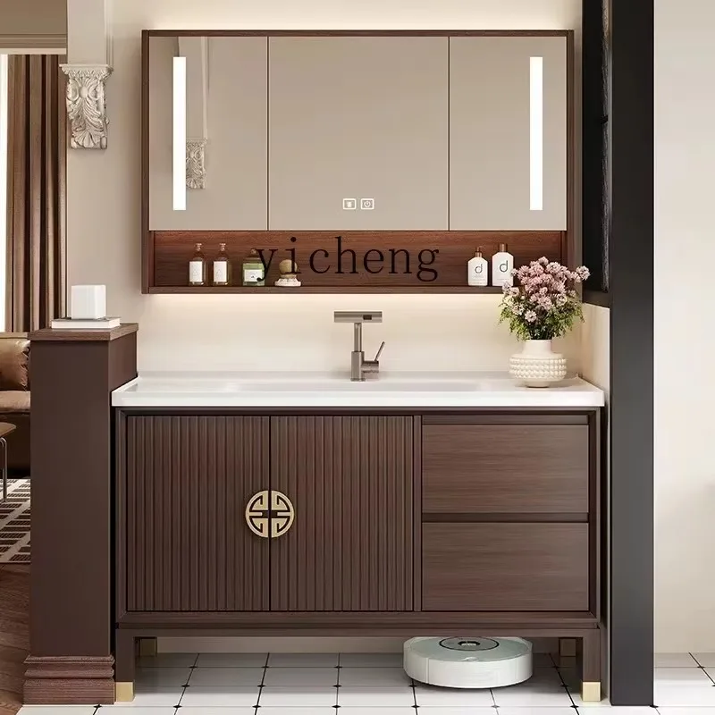 

ys-3 new Chinese oak integrated ceramic basin bathroom cabinet combination floor wash basin