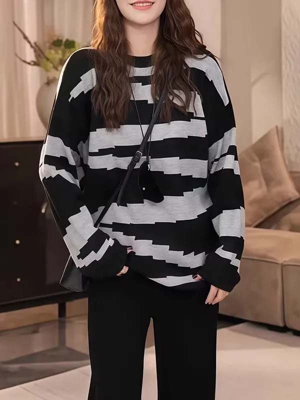 

Loose Korean Sle Striped Color Blo Long Sve Knitted Sweater Women's Autumn Winter plus Size Faion Lazy Sle Top