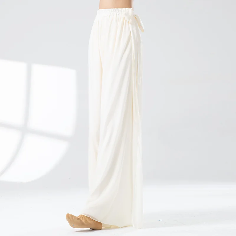 Classical Dance Pants Loose Chiffon Skirt for Women Double-layer Patchwork Ethereal and Flowing with Ribbons Wide-leg Pants