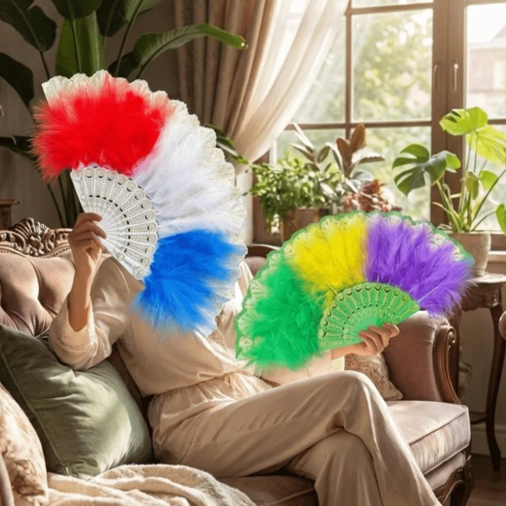 Cosplay Prop Chinese Style Feather Folding Fan Soft Fluffy Plastic Frame Lace Fan Lolita with Tassels Dance Fan Stage Decoration