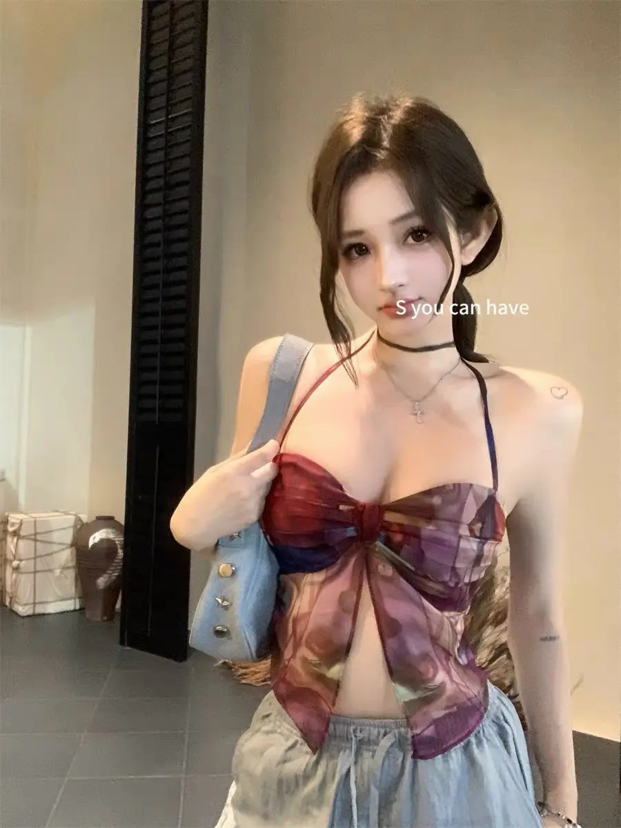 2026 Summer Women American Print Cami Top Thailand Style Sweet Spicy High Sense Irregular Tube Halter Neck Fashion Slim Outwear