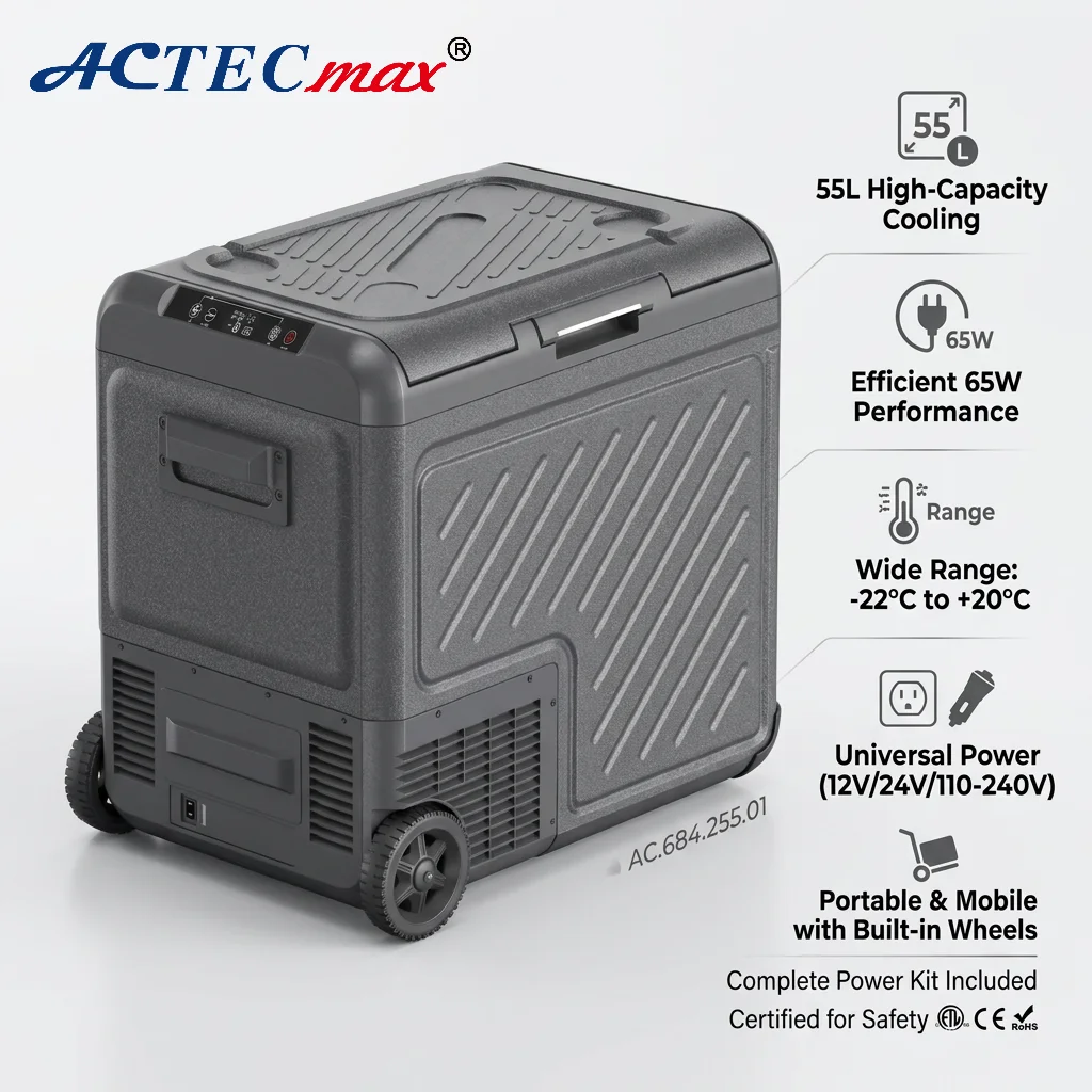 55L Truck RV Car Refrigerator With Wheels Dual Zone R600a Rolling 12V 24V Portable Fridge Freezer For Family Camping Outdoor