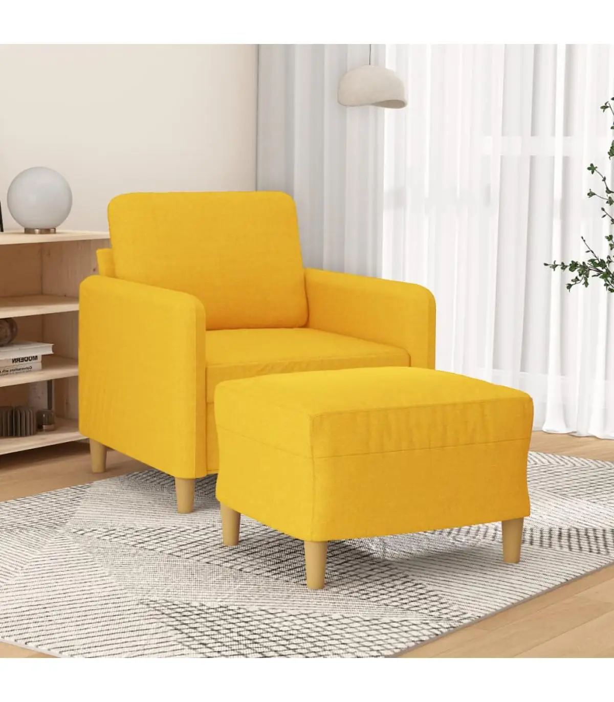 Sofa armchair with stool fabric light yellow 60 cm