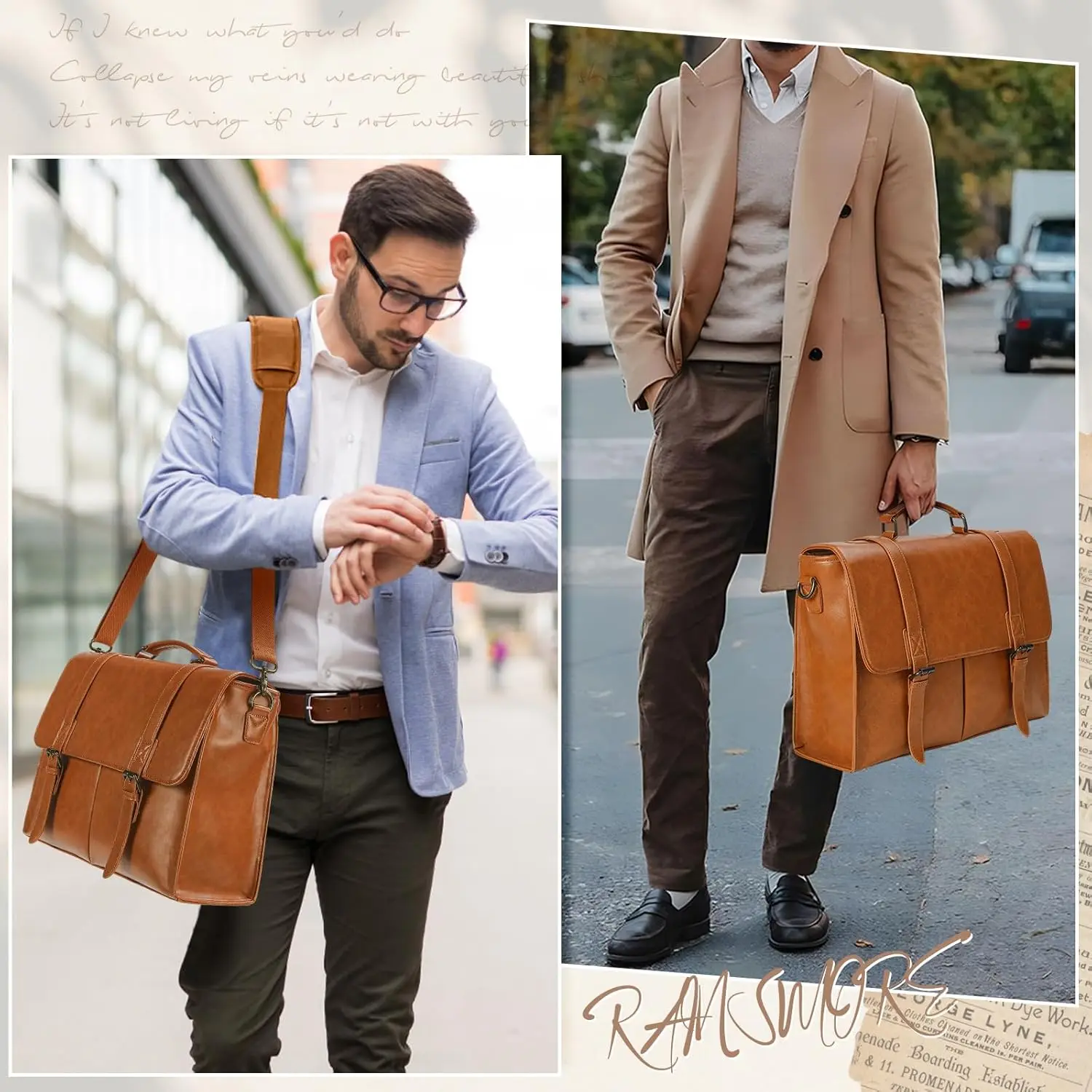 RAINSMORE Vintage Men Messenger Bag Waterproof Leather Briefcase Laptop Bag Large Capacity Satchel Business College Shoulder Bag