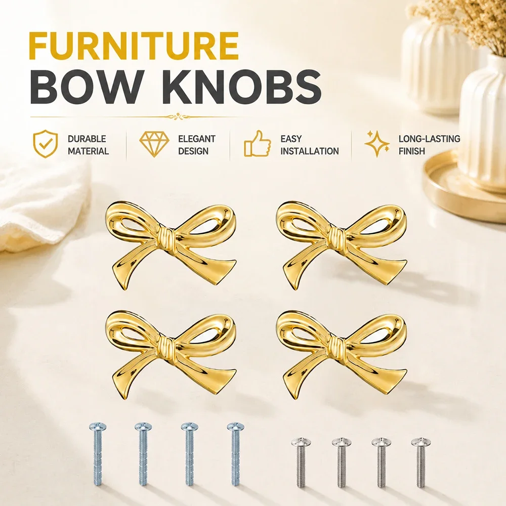 4pcs/6pcs Gold Color Bow Drawer Handle Zinc Alloy Decor Cupboard Wardrobe Closet Pulls Furniture Handle